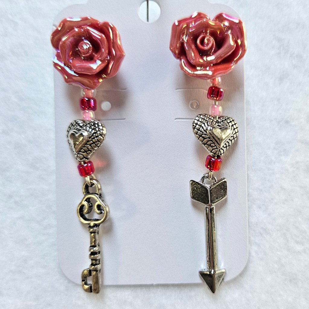J32 Handmade Roses, Silver Hearts Valentines Dangle Earrings With Lock, Arrow